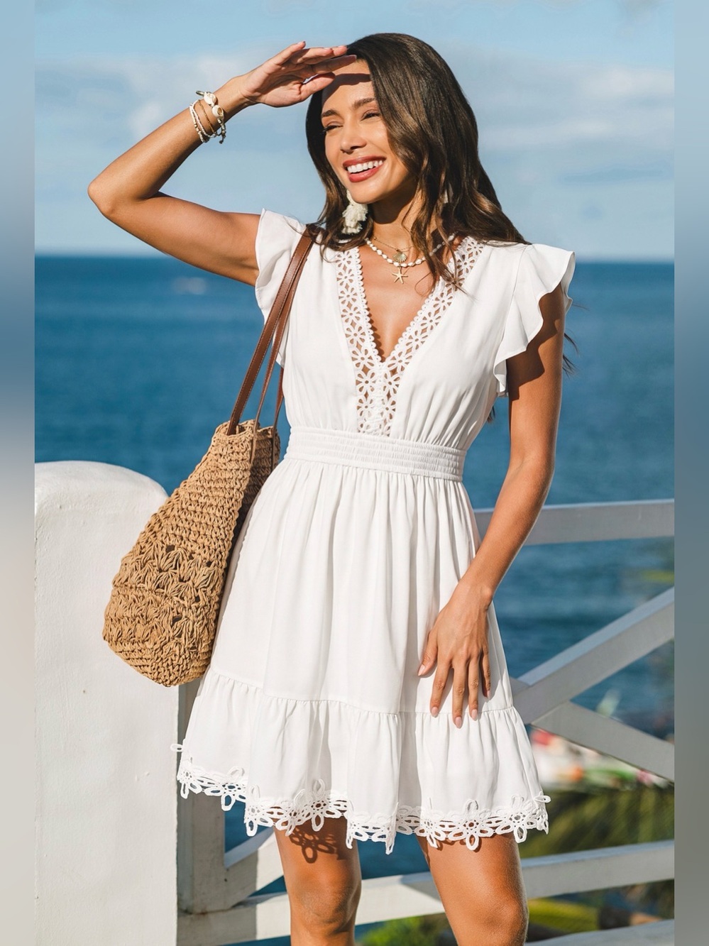 White Ruffled Short Sleeve Crochet Appliqué Trim Mini Dress